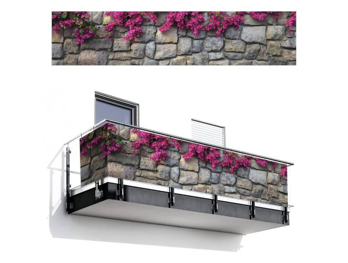MuchoWow Balkon-Sichtschutz Bougainvillea - Steinmauer - Rosa, Magenta, Kunststoff, Rechteckig, 500x110 cm, Sonnenschutz, Sichtschutz