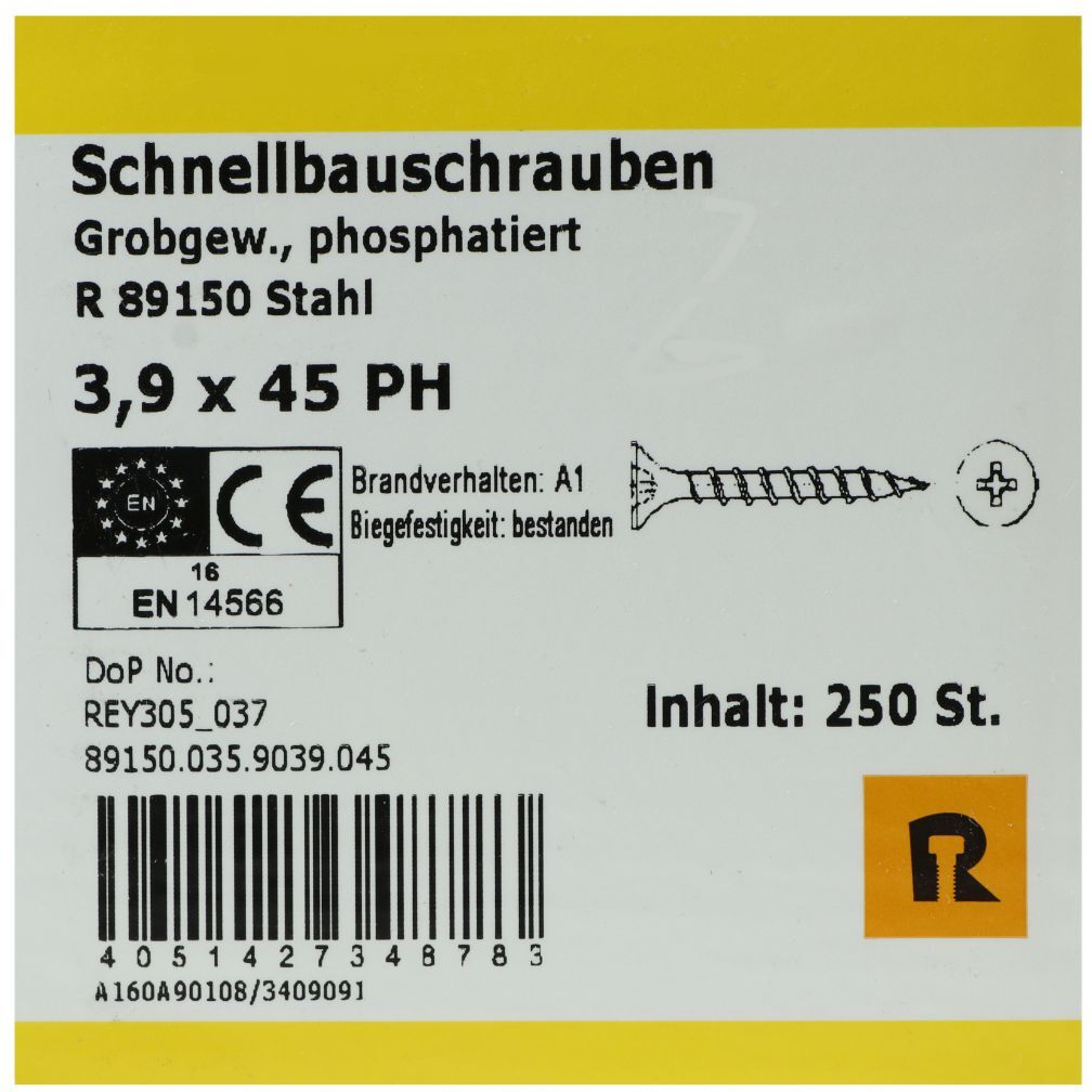 REYHER Schnellbauschrauben für Holz auf Holz, Grobgewinde, PH2, 3,9 x 45 mm, 250 Stück