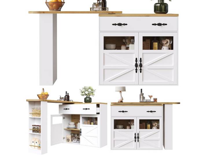 Table de bar extensible 138-204x39x104 pivotante 360° rangement blanc