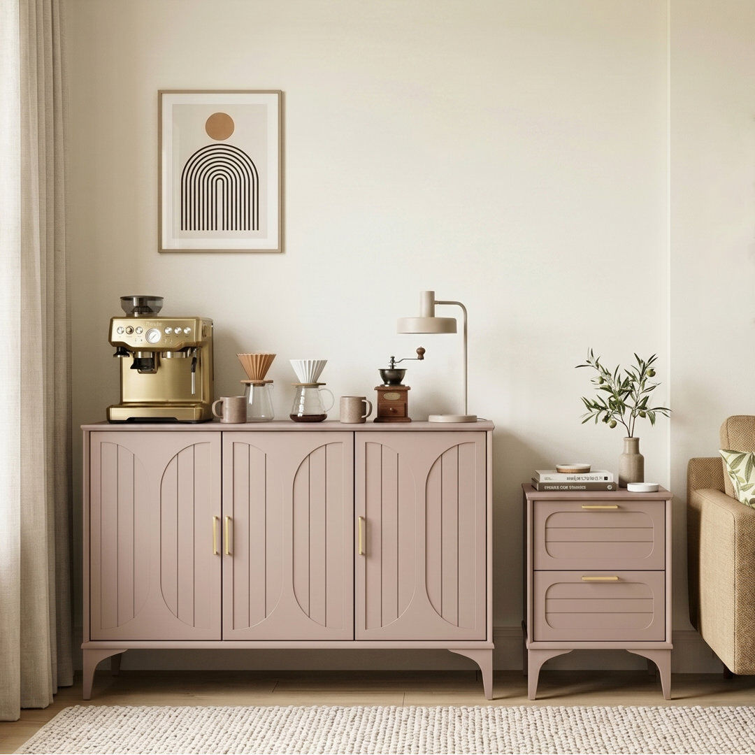 Ebern Designs Curtis Bedside Table With Sideboard Storage Set Warm Nude
