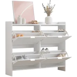 Moderner Schuhschrank 110x24x90 mit 4 Klappenfächern, offenem Regal, verstellbaren Einlegeböden, Kippsicherung, Stauraum, Weiß