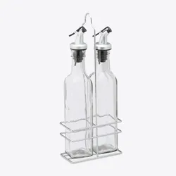 Relaxdays Essig und Öl Spender, mit Ausgießer, 2 in 1 für Küche, Ölflaschen mit Ständer, Glas, 2 x 250 ml, transparent