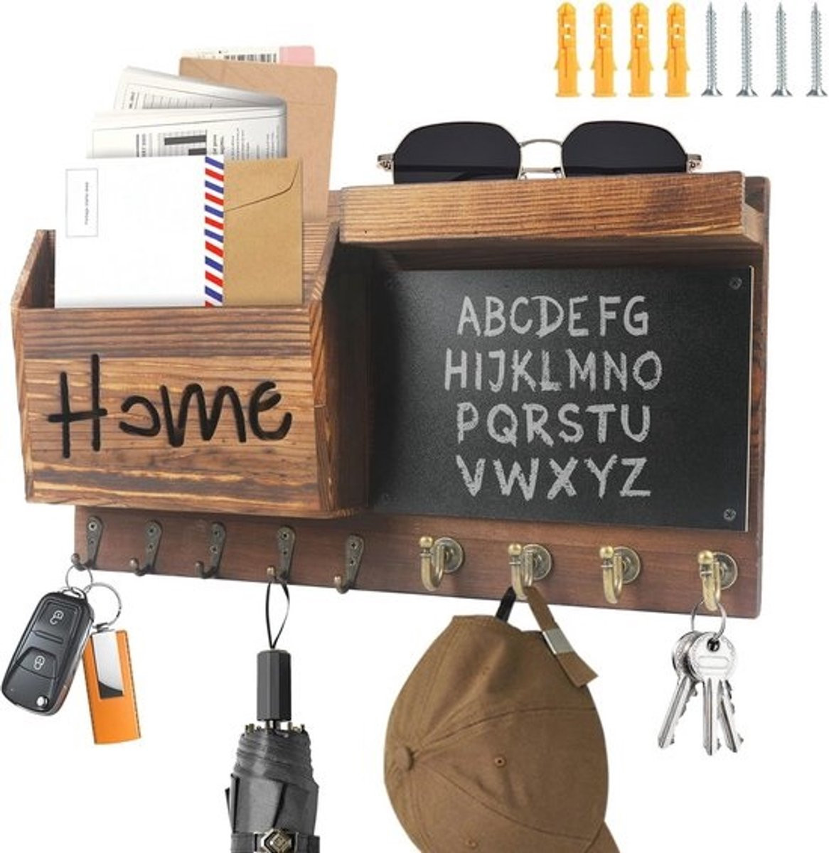 Houten Sleutelrek met Plank - Vintage Sleutelkast met 9 Haken en Brievenbakje