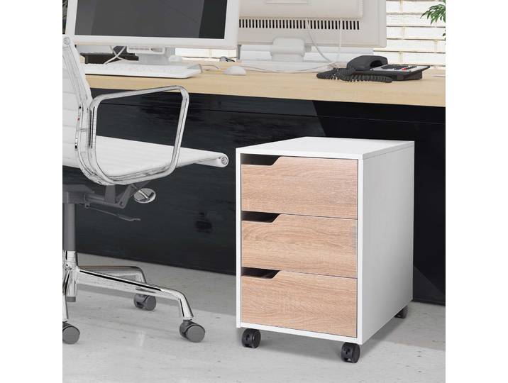 Homcom Armoire de classement 40X50X57.5Cm 3 tiroirs Roulettes en bois avec frein Blanc