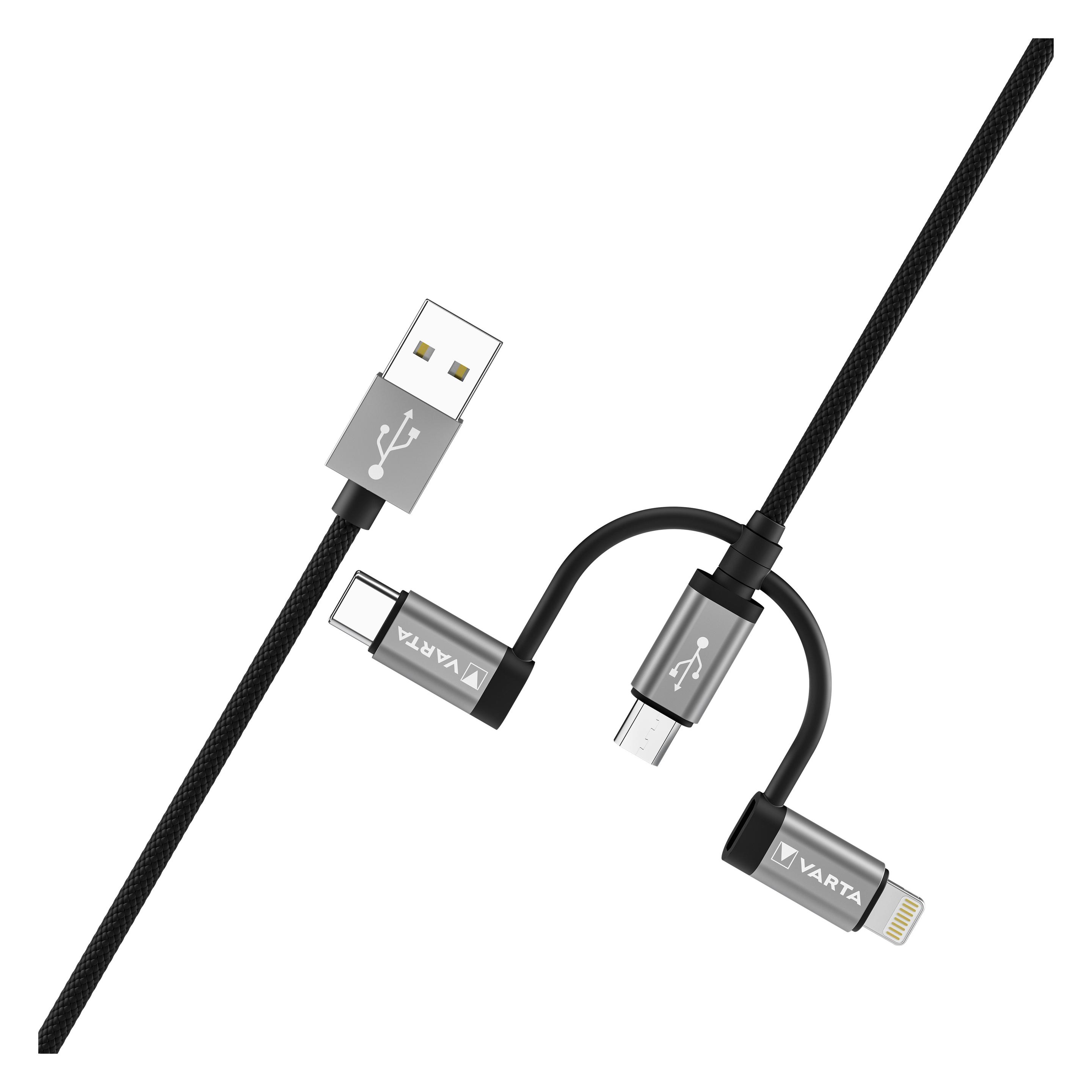 Varta Speed Charge & Sync Cable Micro USB, USB Type C & Lightning (2 m, USB 2.0, 12 W) (57937 101 111)