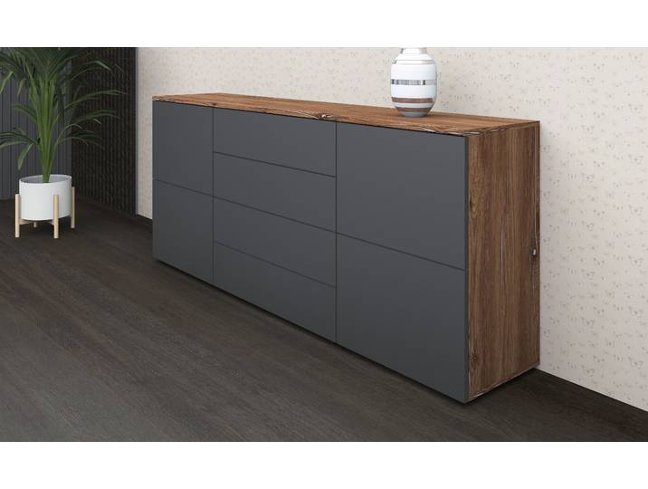 Sideboard BORCHARDT MÖBEL Rova, Kommode Breite 166 cm , grau (vintage eiche, graphit matt), B:166cm H:72cm T:35cm, Holzwerkstoff, Sideboards, Sideboard, Breite 166 cm