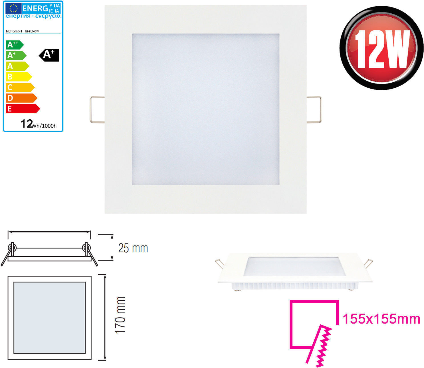 Braytron Set van 10 LED-panelen 12W Neutraal Wit 910 lumen Inbouwspots 170 x 170 mm