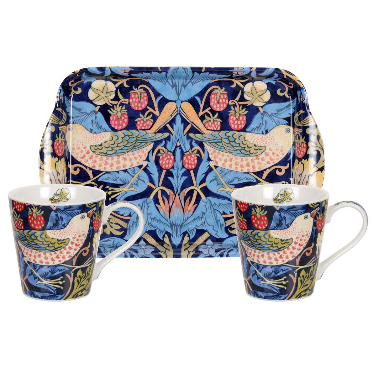 Portmeirion Home & Gifts Strawberry Thief blauwe mok en dienblad set van 3 stuks