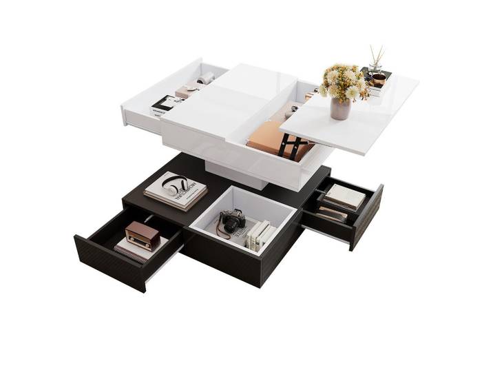 Flieks Couchtisch 70x70x40 cm Weiß Schwarz Drehbar 3 Schubladen Lift, Mehrfarbig, 70x40x70 cm, Wohnzimmer, Wohnzimmertische, Couchtische