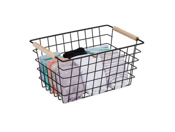 Relaxdays 2 x Drahtkorb mit Holzgriffen schwarz