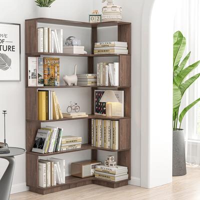 Corner Bookcase MDF Wood with L-Shaped Space-Saving Storage Shelves and Anti-Tip Safety Design by GDFStudio