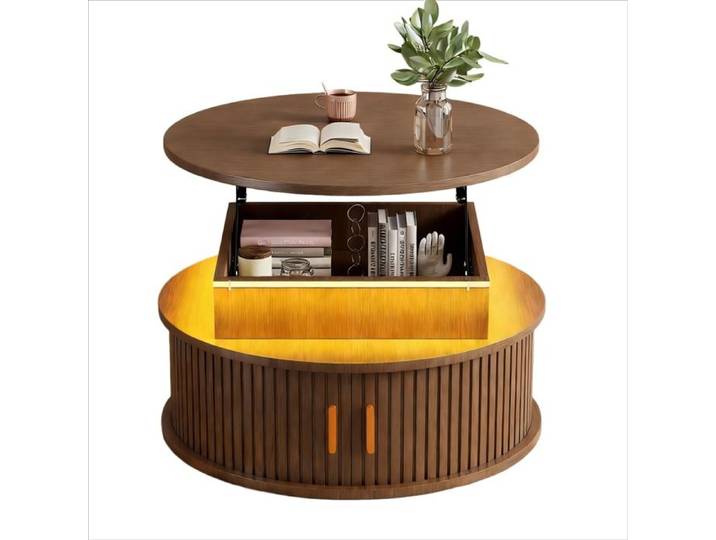 Table basse ronde relevable avec LED rangement 75 × 75 × 52 cm noyer