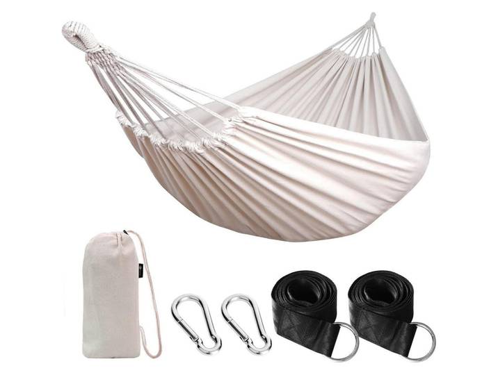 Hängematte Baumwolle Beige mit Gurten und Tasche, Creme, 150x2.5x270 cm, Gartenmöbel, Gartenschaukeln, Hängematten