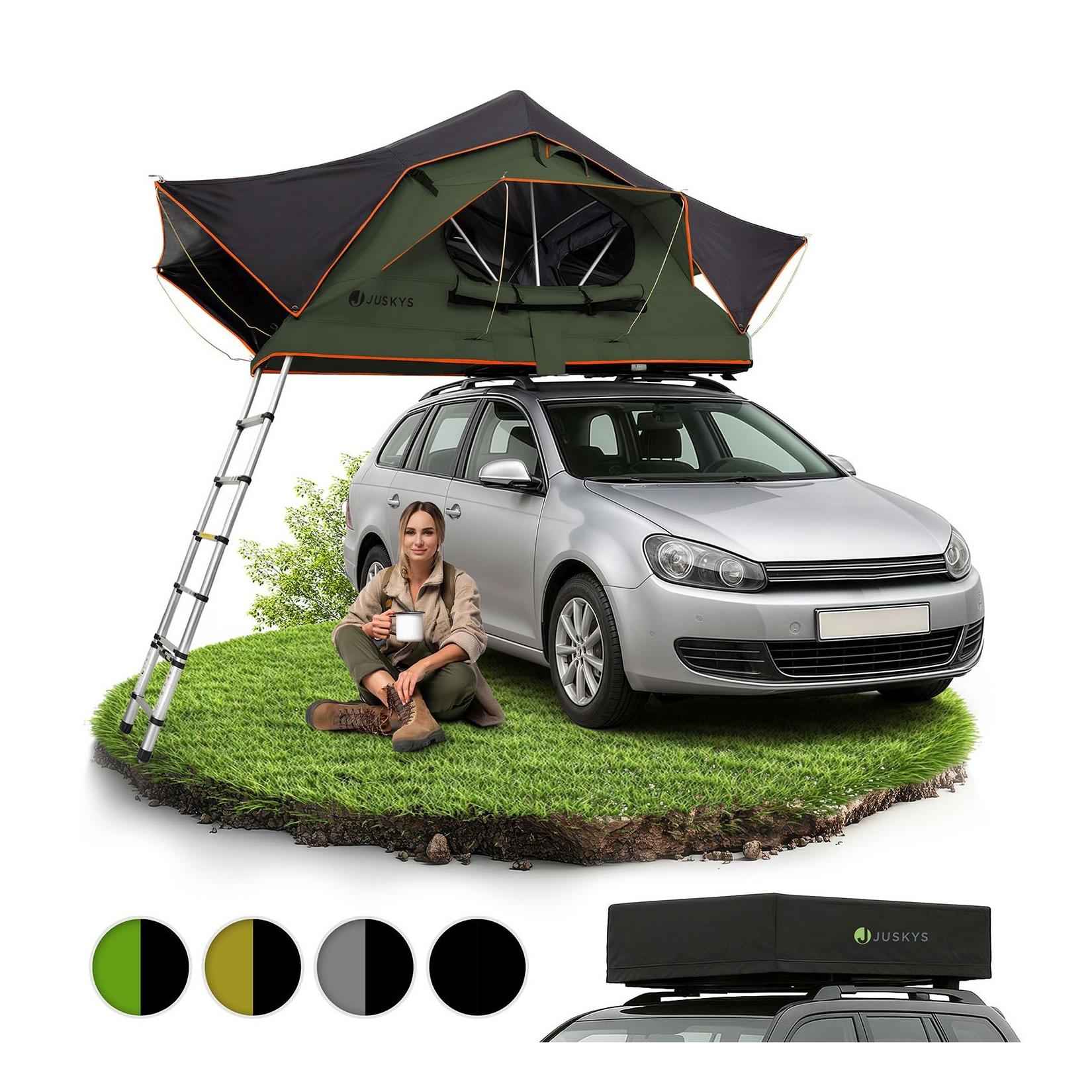 Juskys Autodachzelt Lago 120 x 210 cm - LED-Beleuchtung & Leiter - Schwarz / Olivgrün