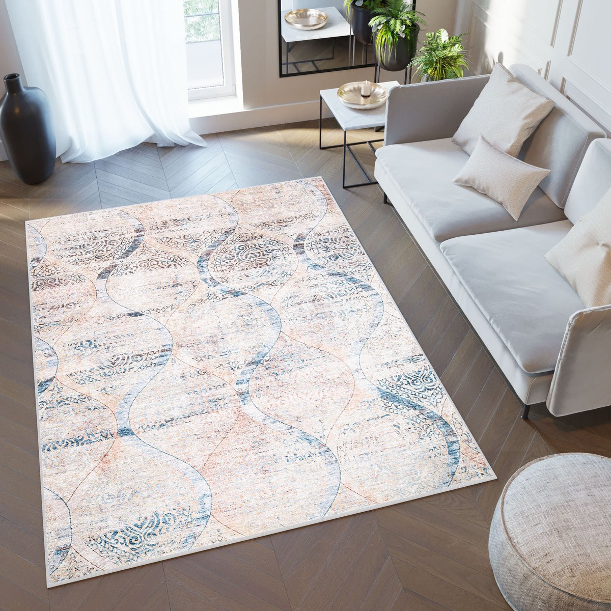 Tapiso Toscana Vloerkleed Vintage Blauw Beige Ornamenten B/D: 140 x 200 cm