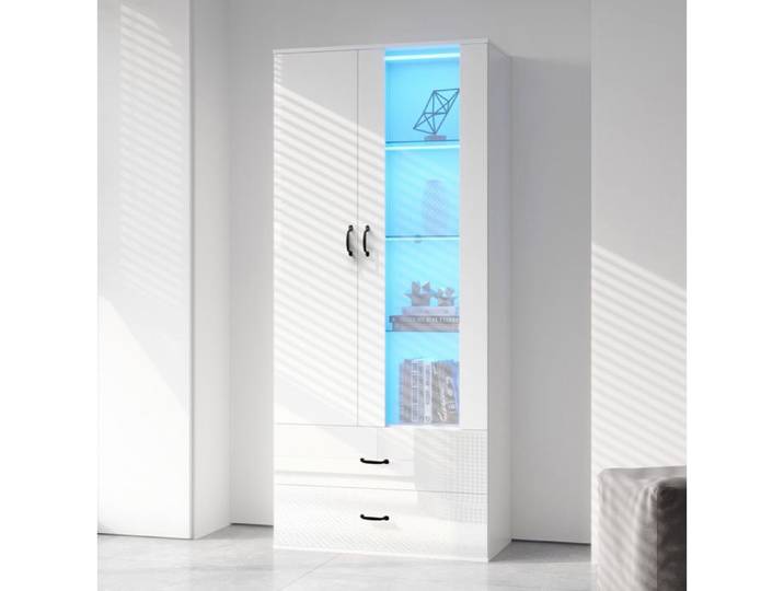 Vitrine lumineuse LED blanche 59 5x35x182 cm meuble de salon 2 portes porte transparente 2 tiroirs USB Bluetooth VEVXYN