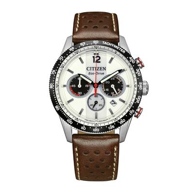 Chronograph CITIZEN "Racing Chrono", braun (braun, weiß, weiß), Armbanduhren, Herren, silberfarben, Chronograph, Armbanduhr, Solar, Herrenuhr, Lederarmband, analog, Big Date