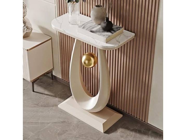 YTSJXN Konsolentisch schmal aus Steinplatte & Metall, moderner Flurtisch Sinterstein-Platte, Eingangsbereich, Schmaler console table, Stabile Eisenstruktur(Wit,80X30X80CM)