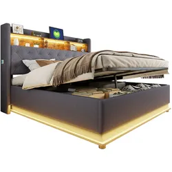 LED-Polsterbett 180x200 cm mit USB-Ladeanschluss und hydraulischem Stauraum – luxuriöses Design in Grau