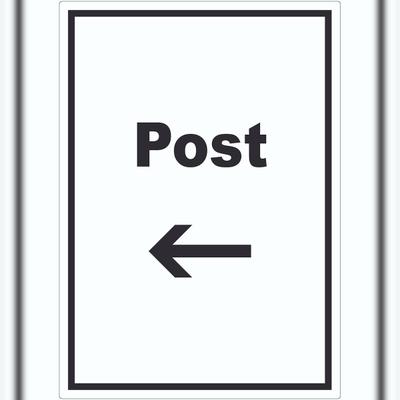 HB-Druck Post Aufkleber mit Text und Richtungspfeil links Annahme Brief Paket hochkant A8 (52x74mm)