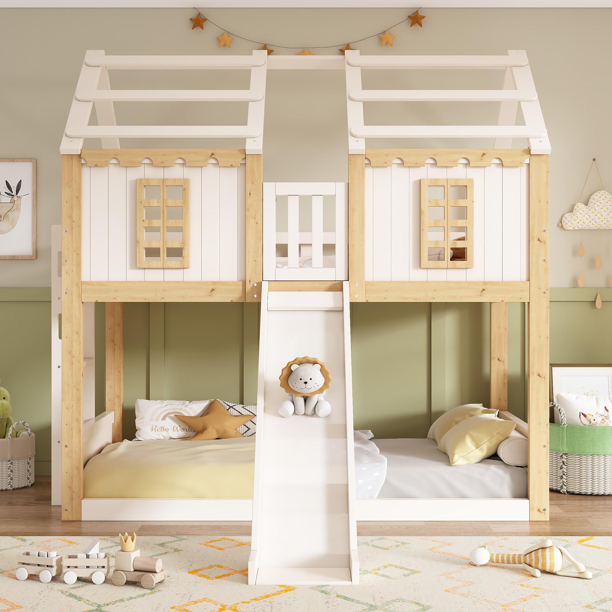 STILVORA Kinder Etagenbett 90x200 cm mit Rutsche, Hausbett mit Leiter, Stockbett aus Holz mit Rausfallschutz, Spielbett mit Fenster