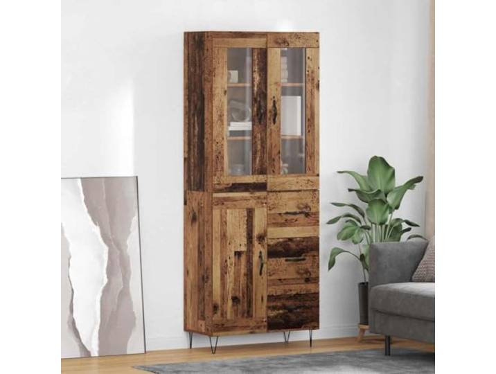Jkghdrt Highboard Altholz 69,5 x 34 x 90 cm Holzwerkstoff mit Glastüren Highboard, Altholz-Optik, Holzwerkstoff, Glastüren, Eisenbeine, Metallgriffe, Innenbereich