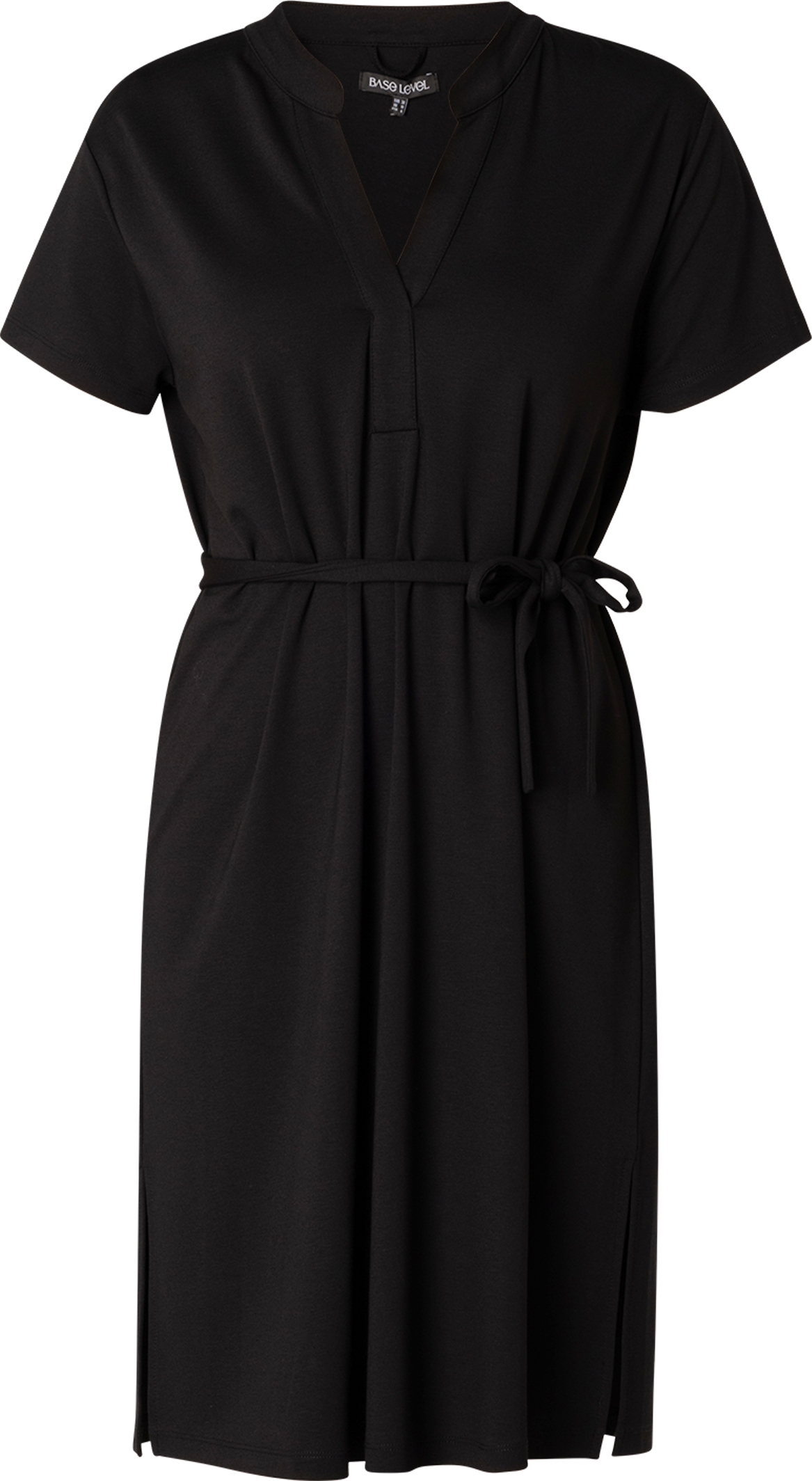 Sommerkleid BASE LEVEL "YEN", Damen, Gr. 36, N-Gr, schwarz, Web, Obermaterial: 65% Viskose, 30% Nylon, 5% Elasthan, unifarben, gerade knielang, tiefer V-Ausschnitt, Kleider Sommerkleid, mit Bindegürtel schwarz 36, N-Gr