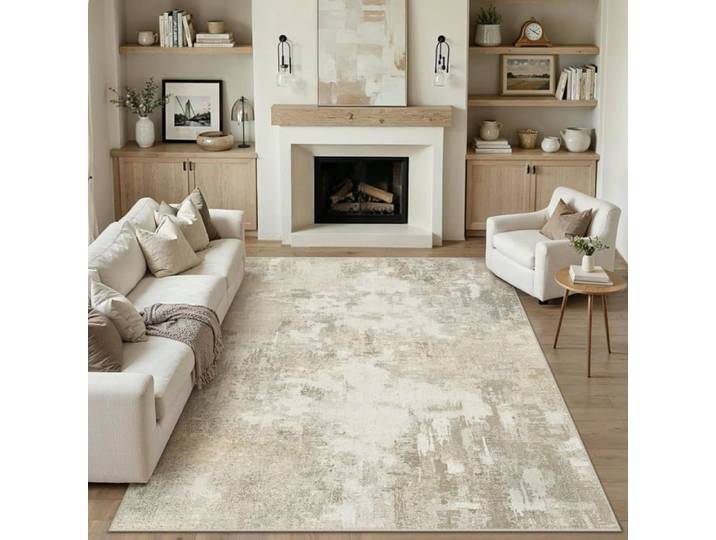 Grand Tapis Beige Salon 200x300cm Abstrait Lavable en Machine Antidérapant Poil Ras Doux Couleur Tapis Chambre Adulte Moderne Salle