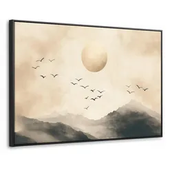 LEINWAND Bilder mit Rahmen - Landschaft - Japandi - Vogel - 150x100