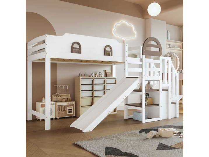 Lit superposé - SINGULARITY - 90x200cm - toboggan - escalier avec rampe - 2 casiers - Blanc