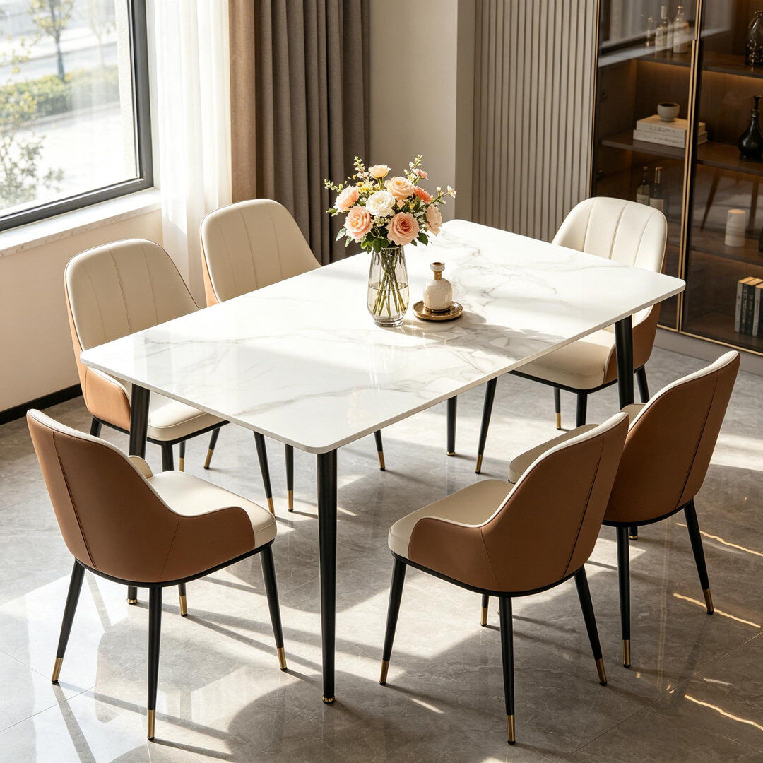 George Oliver Funke Rectangular Stone Top Dining Table with Steel Base Snow White