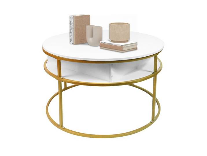 KEDIA Table bas ronde Cadre blanc et or 80*80*47cm Plateau relevable Pour salon Rangement caché Table centrale moderne