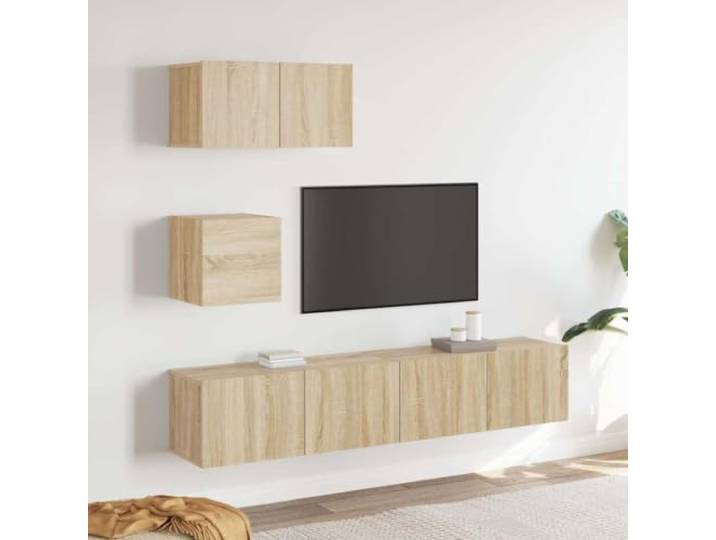 HEFZGDB 4-TLG. TV-Schrank-Set Sonoma-Eiche Holzwerkstoff mit Wandmontage und viel Stauraum für Multimedia Geräte