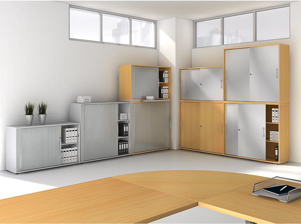 kaiserkraft Querrollladenschrank, je 2 Fachböden, 1 Trennwand, lichtgrau