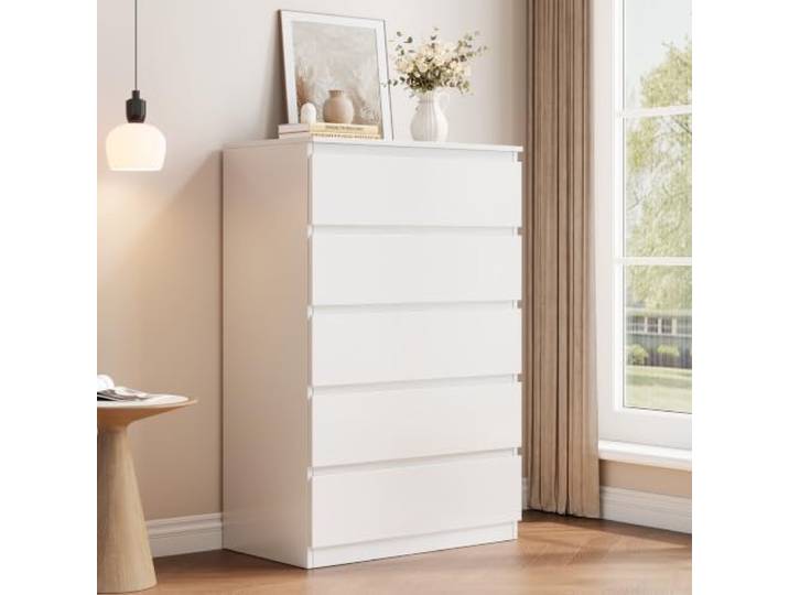 Jocoevol Kommode mit 5 Schubladen, Komodenschrank, Schubladenschrank, Moderner Schubladenschrank, Holzkommode mit Tiefen Schubladen für Wohnzimmer Schlafzimmer Eingangsbereich, 60 x 39 x 100 cm, Weiß