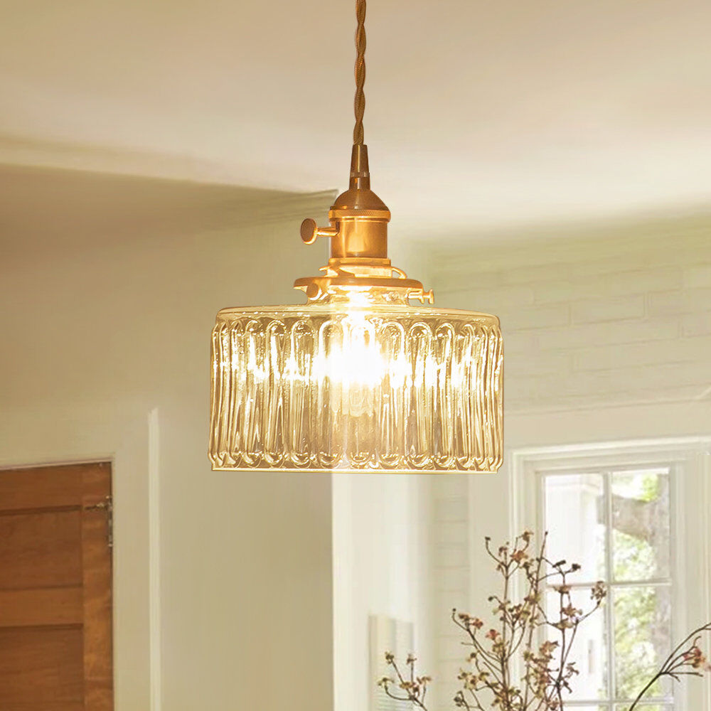 Trent Austin Design Vintage Single Light Cylinder-Shaped Ribbed Glass Pendant Light Brass 20cm H X 17cm W