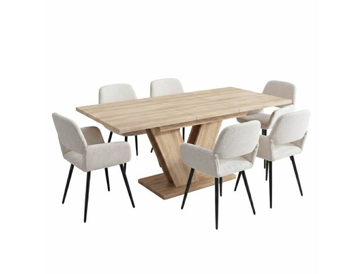 Table extensible bois et 6 chaises crème, design contemporain