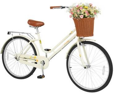 Costway 26 Inch Beach Cruiser Bike for Women with Woven Basket and Rear Rack - Beige