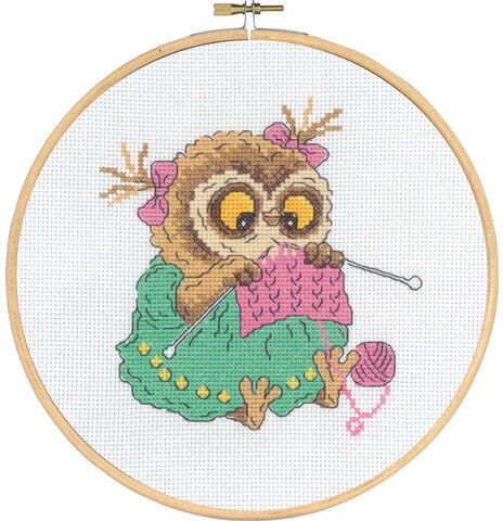 Stickbild "Strickende Eule", Ø 20 cm