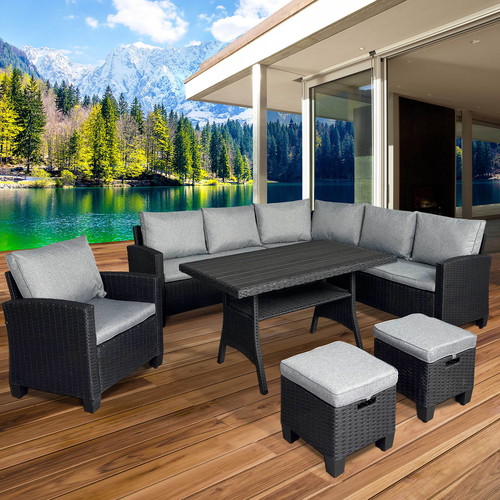 Brast Polyrattan Eck Sitzgruppe HACIENDA schwarz/grau