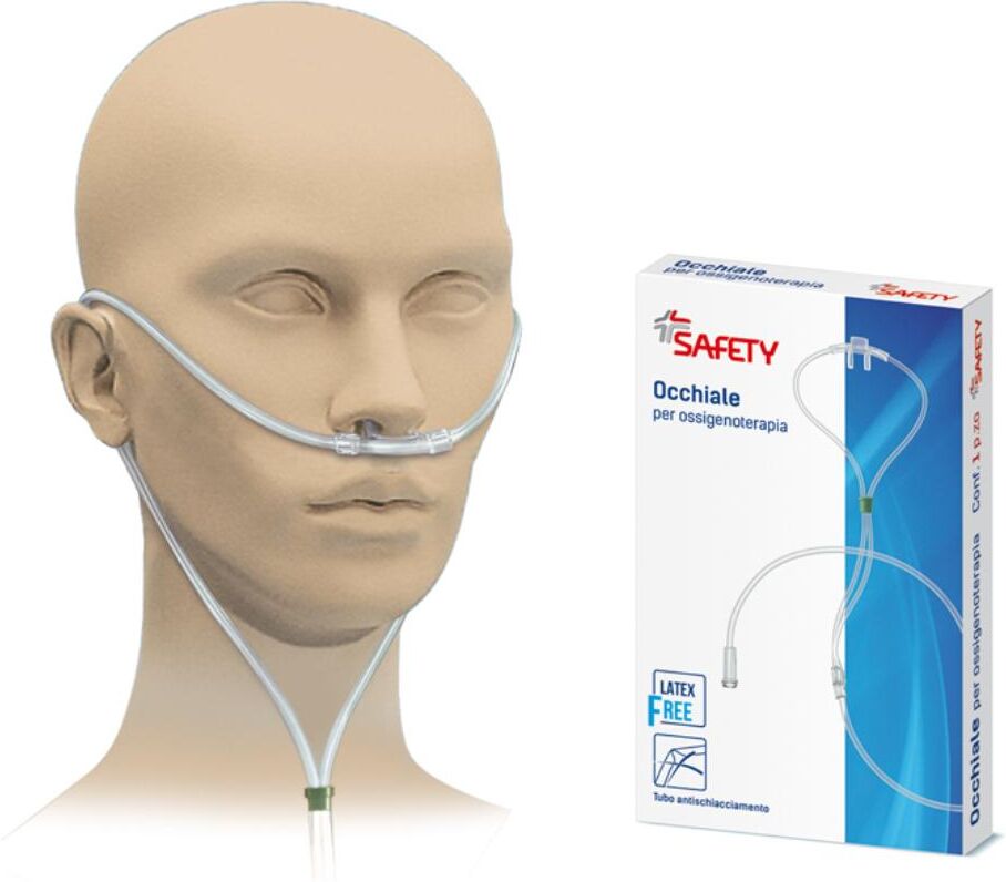 SAFETY SpA Safety Occhiale Ossigenoterapia - Dispositivo Medico CE, Cannula Nasale, Tubo Antischiacciamento 210cm