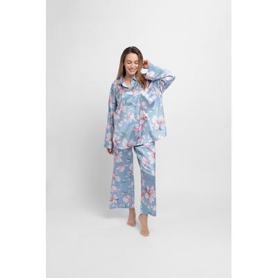 Pyjamaoberteil DORINA "Bella", Damen, Gr. XXL, blau (floral print), Web, Obermaterial: 90% Polyester, 10% Elasthan, bequem hüftbedeckend, ohne Ausschnitt, weit, Shirts, Blumen-Muster, Knöpfe, weich, bequem