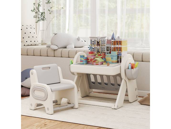 AIYAPLAY Table Enfants avec Rangement Tiroirs Gris Blanc