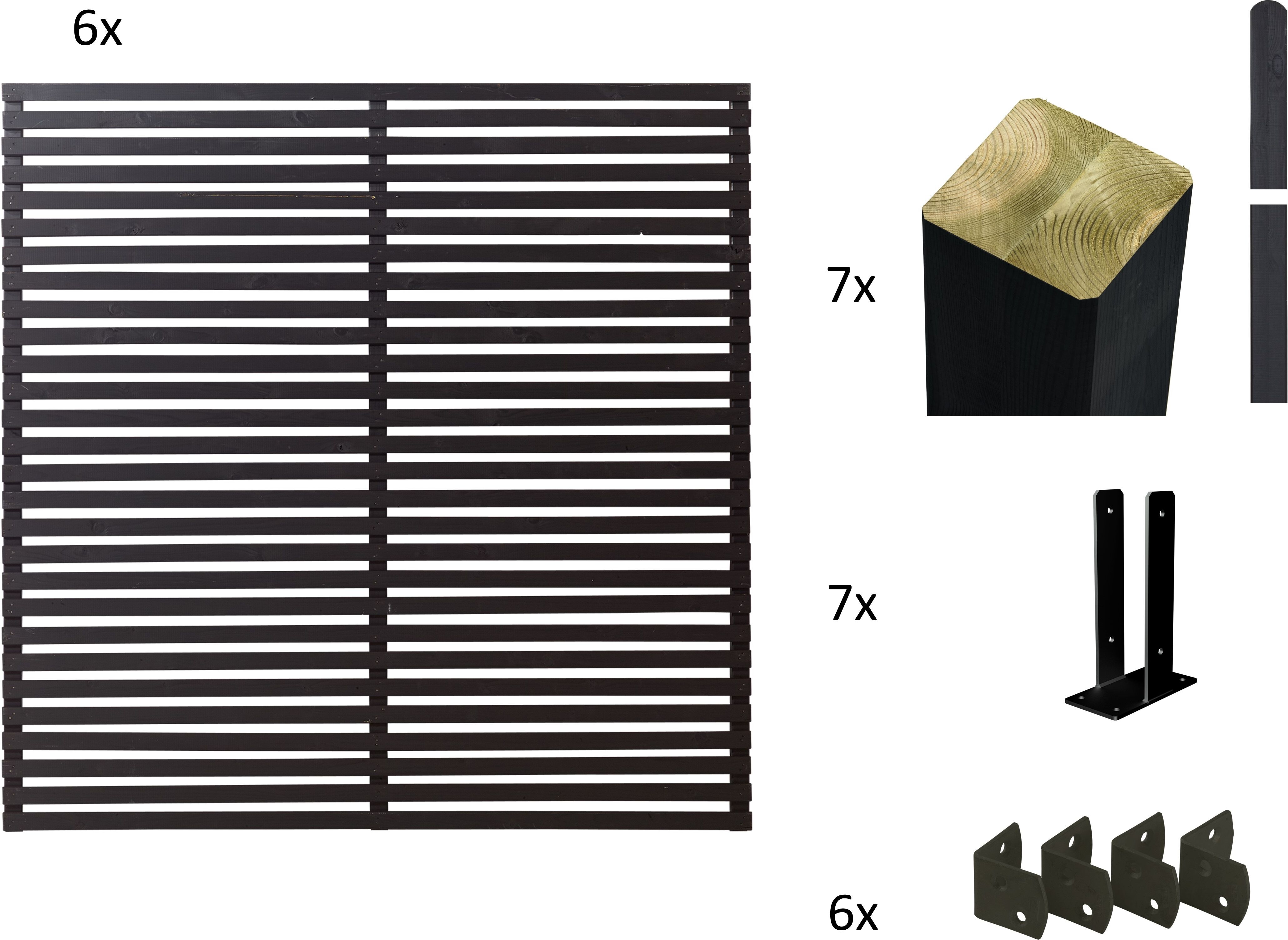 Sichtschutzelement PLUS "Tokyo", schwarz, H:180cm L:180cm, Massivholz, Stahl, Zaunelemente, für Montage auf bestehendem Fundament