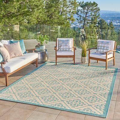 Gertmenian Paseo Bran Transitional Aqua Blue Medallion Flatweave Indoor/ Outdoor Area Rug