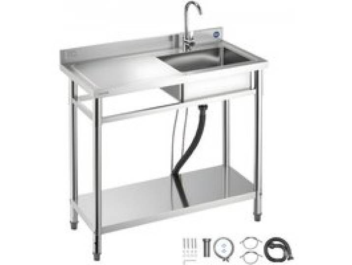 VEVOR Spültisch Spülbecken Edelstahl (100 x 50 x 94 cm), Einzelbecken mit Wasserhahn & Ablage, Küchenspüle für Garage Restaurant Wäscherei, Waschtisch Außenspüle mit Arbeitsplatte (links)