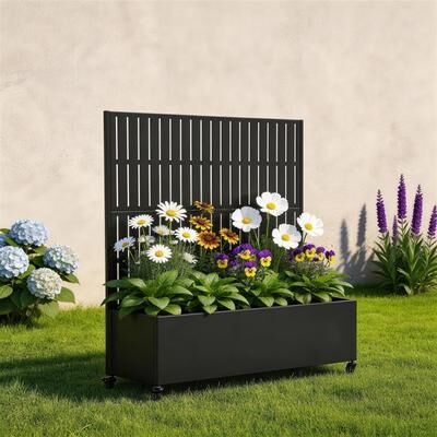 Uixe Rectangular Decorative Metal Privacy Screen with Planter Box Wheels