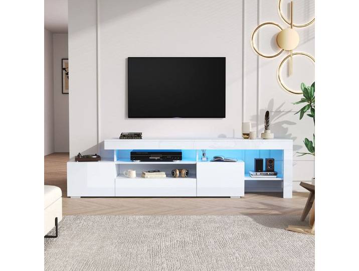 Meuble TV Moderne avec Éclairage LED Support TV pour Téléviseur 85 Pouces 3 Armoires Meuble Télé Haute Brillance 192x37x53 cm Blanc