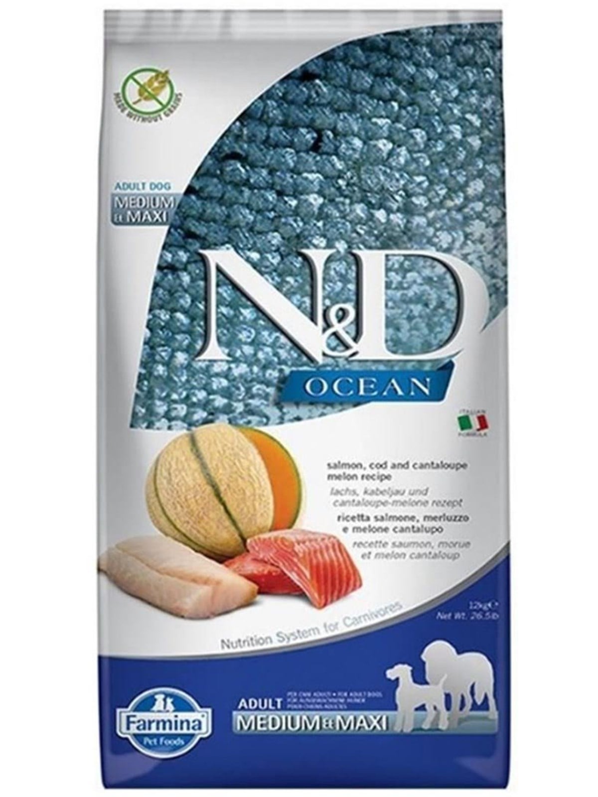 Farmina N&D Ocean Dog Lachs, Kabeljau, Cantaloupe, Melone Adult Medium&Maxi - Trockenfutter für Hunde - 12kg