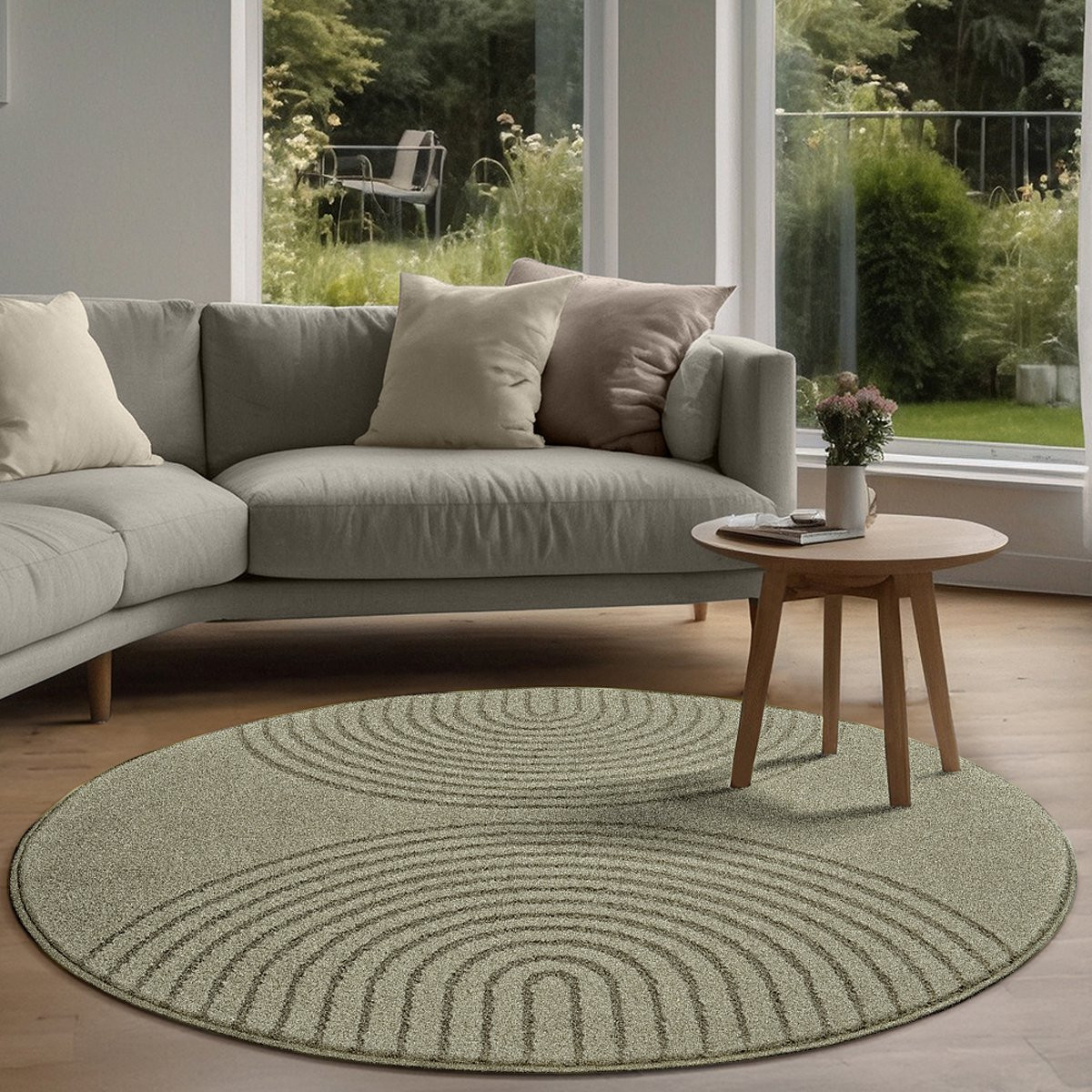 The Carpet Elisa hoogpolig rond vloerkleed met geometrisch patroon, groen, Diameter: 120 cm